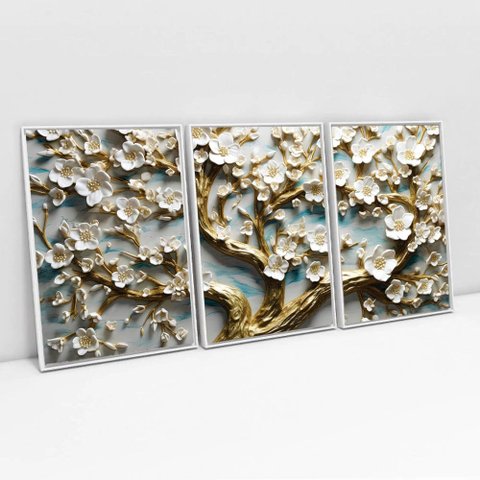 Kit Quadro Decorativo 3 Telas Canvas Arvore Floral Tacolado Moldura Flutuante 4,5cm Branca 80 X 120c