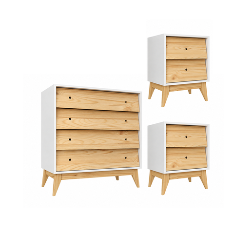 Conjunto 2 Mesa de Cabeceira Retrô Angle + 1 Cômoda Madeira /MDF Branco /Pinus Nuv