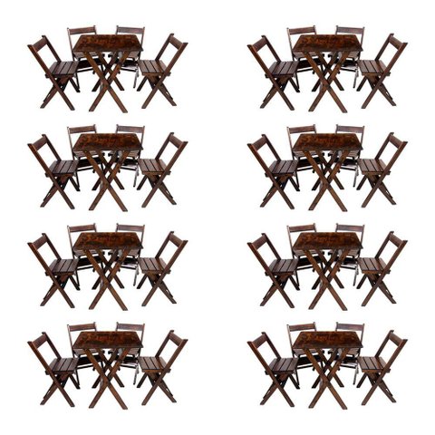 Kit 8 Conjuntos de Mesa Dobrável 60x60cm com 4 Cadeiras em Madeira Maciça - Imbuia - Marrom