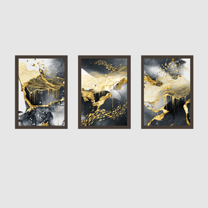 Tríptico - Quadros Decorativos Abstrato Ouro Grande:Madeira