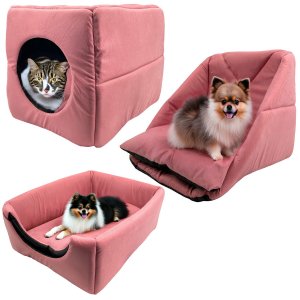 Cama Toca Iglu 3 em 1 Suede Cachorro e Gato Frio Quente Pet Tamanho M - Rosa