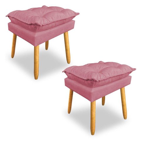 Kit 2 Puffs Decorativo Opala Suede Rosa Pés Palito Dal Poz Estofados