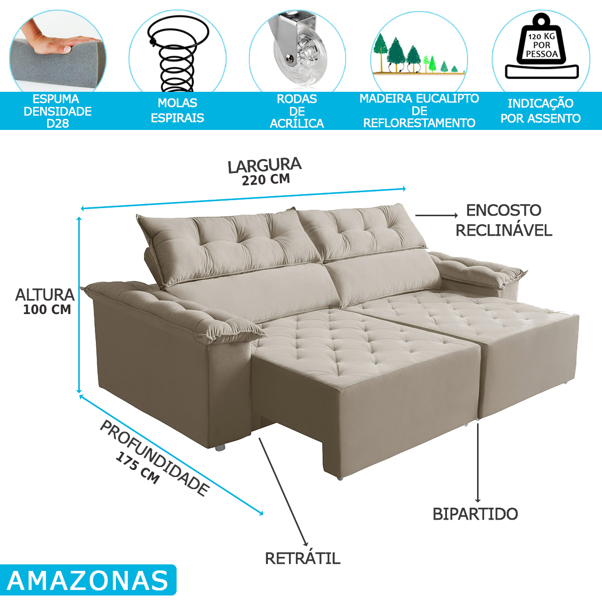 Sofá 3 Lugares Amazonas Retrátil e Reclinável 2,20m Suede Liso Bege UmaBox - 3