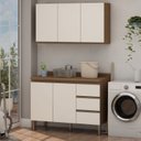 Ver imagem 1 de Conjunto para Área de Serviço com Balcão 2 Portas e 3 Gavetas e Armário Aéreo 3 Portas Low Dry Bege/Ébano/Off White