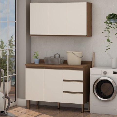 Conjunto para Área de Serviço com Balcão 2 Portas e 3 Gavetas e Armário Aéreo 3 Portas Low Dry Bege/Ébano/Off White