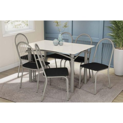 Conjunto: Mesa de Cozinha Elba Tampo Madeirado C/ Vidro 120cm e 6 Cadeiras Noruega Niquel/off White