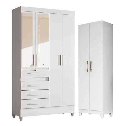 Guarda Roupa Infantil Sobral com Espelho e Armário Multiuso New Íris Branco Brilho - Moval
