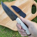 Ver imagem 2 de Faca Edc Artesanal Pequena Coreadeira Forjada em Aço Damasco Cabo Osso D'avila