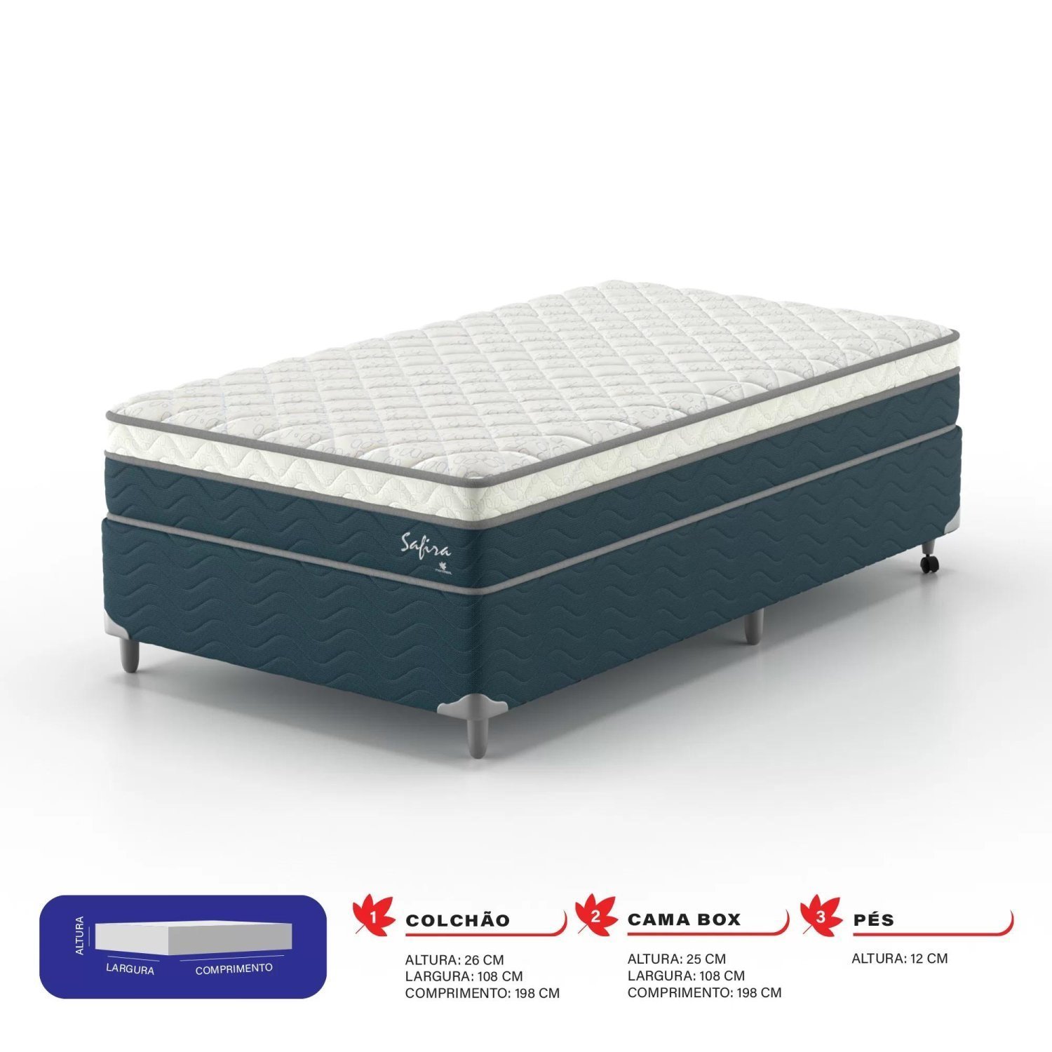 Cama Box Solteirão  Safira Molas Ensacadas 108x198x63 - 2