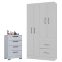 Ver imagem 1 de Cômoda 867 4 Gavetas com Guarda Roupa Solteiro Milão 4 Portas Branco Brilho - Poquema