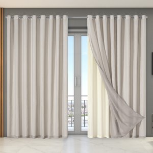 Cortina Dual Forro Voil Gaze Belga 2,70m X 2,30m Luxo Sala Quarto Porta Balcão Semi Blecaute Bege