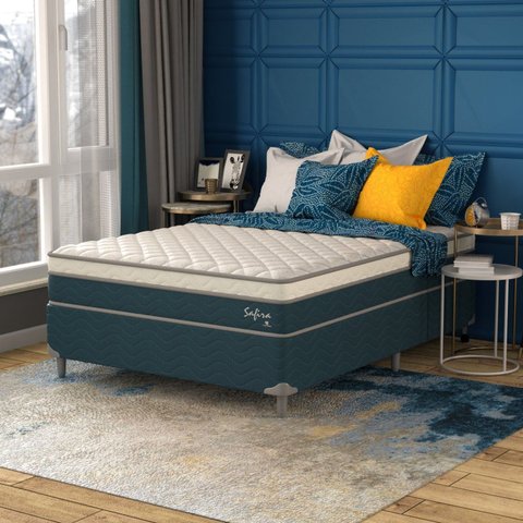 Cama Box Casal Safira Molas Ensacadas 138x188x63 Montreal Azul