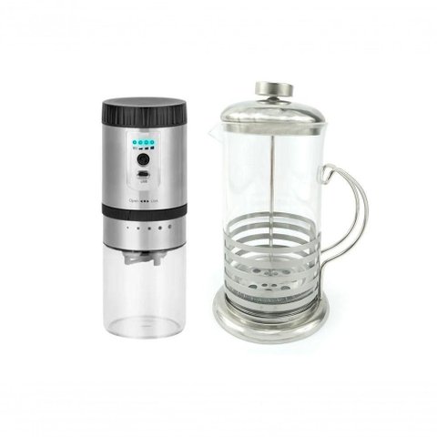 Kit Cafeteira Prensa Francesa e Moedor UD220108 350ml com Lâminas em Aço Inoxidável Vidro Negó