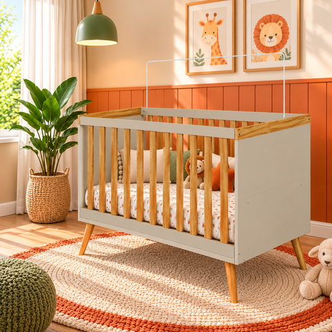 Berço Peroba Sky Vira Mini Cama Off White / Amêndoa Infantil