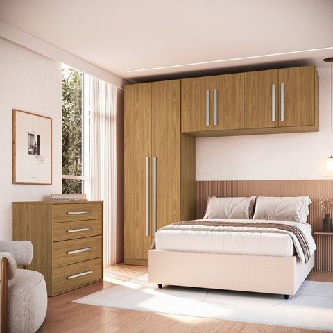 Quarto Modulado Casal 100% MDF 3 Peças 6 Portas Cômoda 4 Gavetas Integrato Freijó