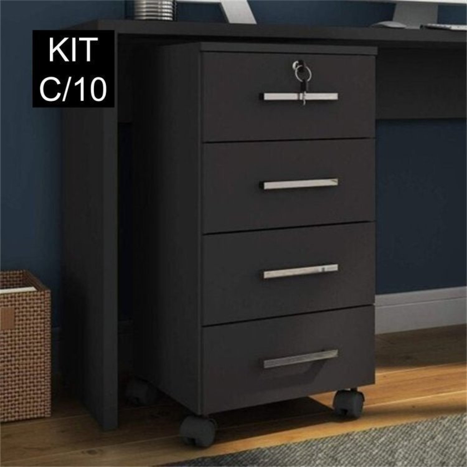 Kit 10 Gaveteiros 4 Gavetas com Rodízios e Chave Gávea Office