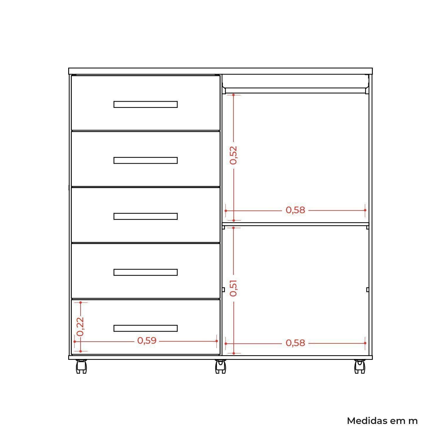 Cômoda 05 Gavetas e 02 Portas com Rodízios Toronto Branco