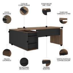 Mesa Escritório em L Gerência 170cm Corp A06 Nogal/preto - Mpozenato - 3 Mesa Escritório em L Gerência 170cm Corp A06 Nogal/preto - Mpozenato - 3