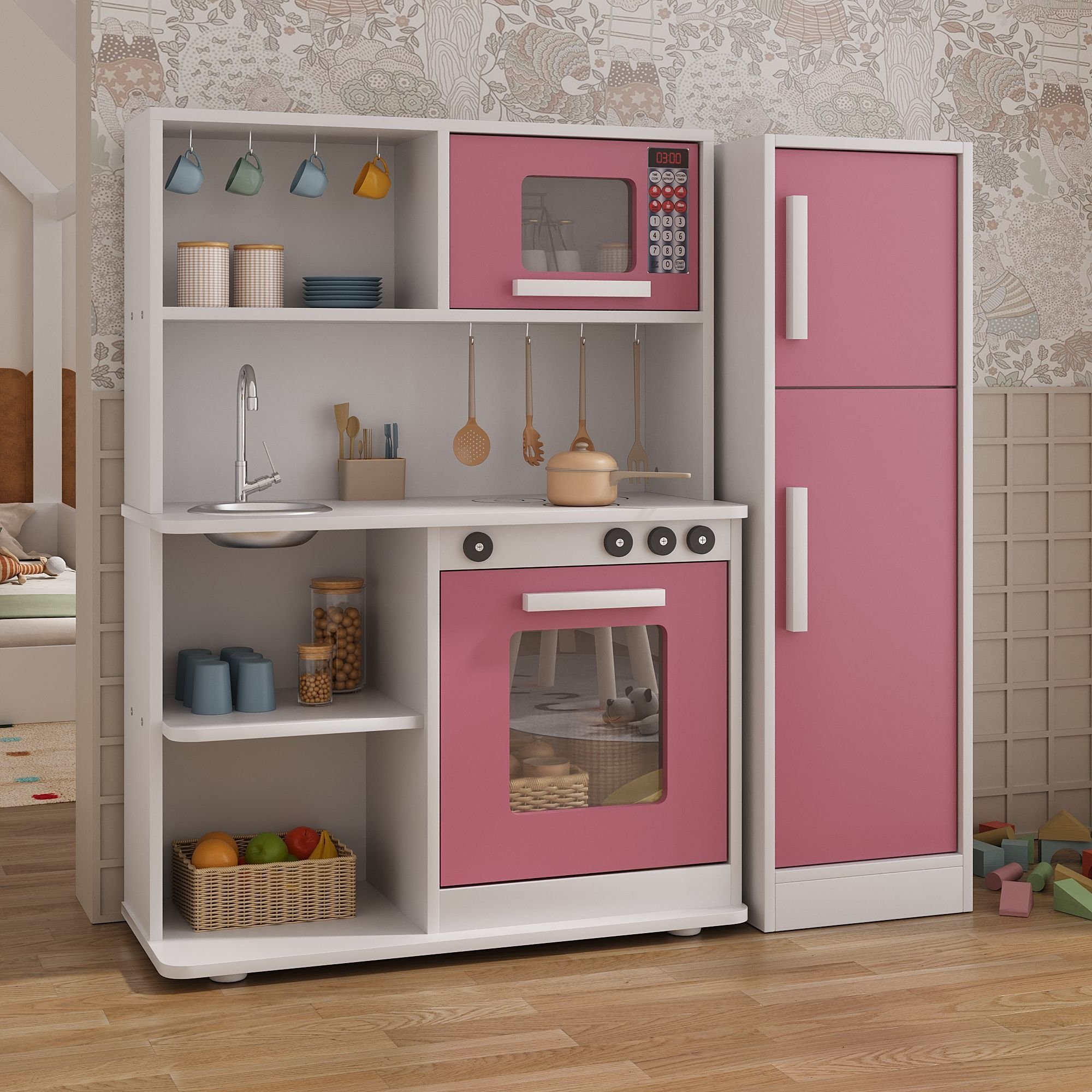 Cozinha Infantil em Mdf com Geladeira, Pia, Fogão, Forno e Micro-ondas ...