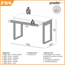 Mesa Escrivaninha Industrial com Gaveta Dalla Costa 100% Mdf - 3