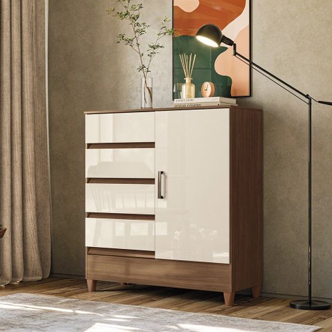 Cômoda Sapateira 1 Porta 4 Gavetas Fit 1.4 para Quarto Jequitibá Off White Santos Andirá