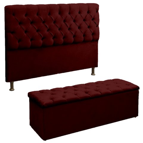 Kit Recamier Baú e Cabeceira Lana para Cama Box Solteiro 90 Cm - Sv Decor:bordo