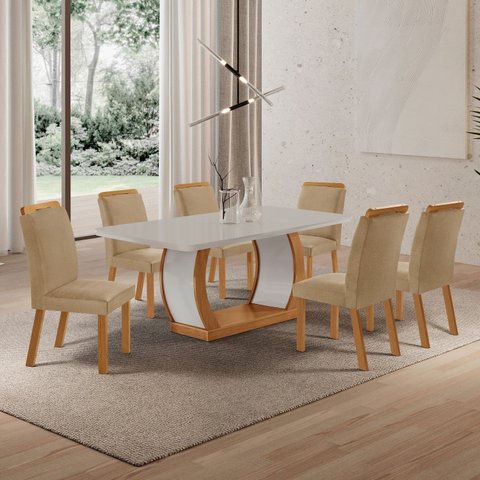 Conjunto de Mesa de Jantar Kate 180 Tp MDF Canto Copo 6 Cadeiras Mariana