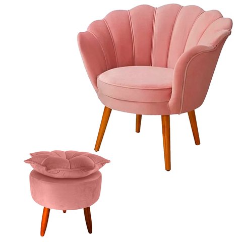 Poltrona com Puff Decorativa Pétala de Flor Sala Esmaltaria Salão Escritório Rose