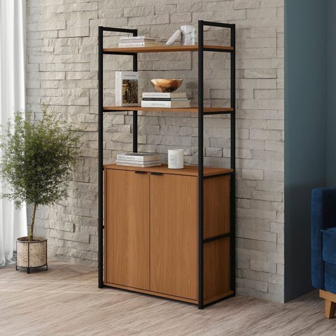Estante de Livros Industrial Aço 72cmx151cm Alta 2 Portas Canela Preto Kappesberg