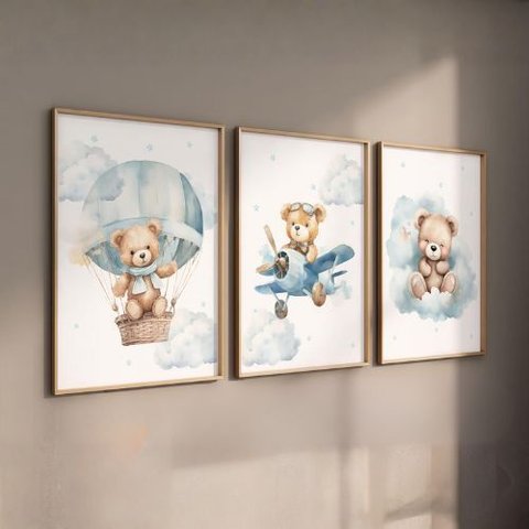 Kit 3 Quadros Decorativos Infantil - Ursinho Viajante NO2 - 40x60 - Moldura Madeira