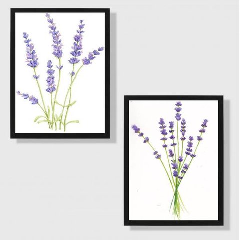 Kit 2 Quadros Decorativos Ramos Lavanda 45x34cm - com vidro:Madeira preta