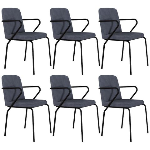 Kit 06 Cadeiras Estofada para Sala de Jantar com Braço Loft Preto C01 Bouclê Nuvem - Lyam Decor