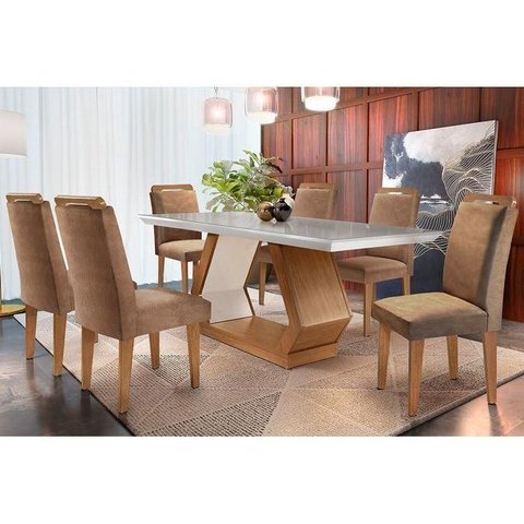 Conjunto: Mesa de Cozinha Alvorada Tampo Madeirado C/ Vidro Canto Reto 180x90cm e 6 Cadeiras Athenas