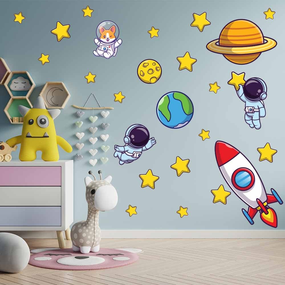 Adesivo De Parede Decorativo Astronauta Foguete Estrelas 