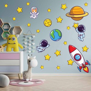 Adesivo De Parede Decorativo Astronauta Foguete Estrelas 