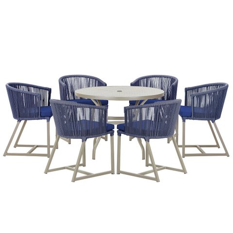 Mesa com 6 Cadeiras de Jantar Roma 120cm e Noronha em Alumínio Fendi Corda Náutica Estofado 10 Trama
