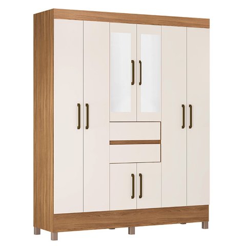 Guarda Roupa Casal 8 Portas com Pés e Espelho Munique Amêndola Touch Off White 82060EL Demóbile