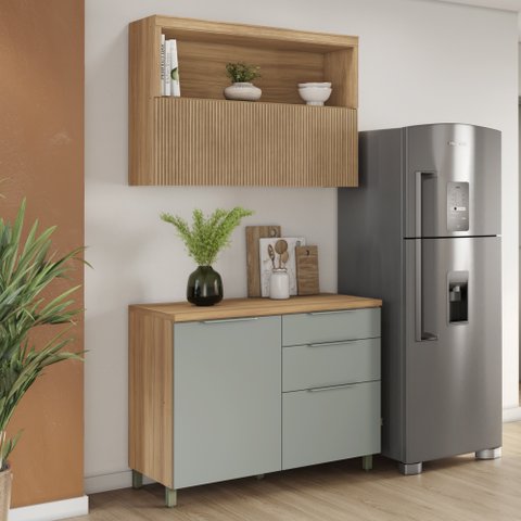 Cozinha 2 Peças Com Balcão 1 Porta 3 Gavetas E Armário Aéreo Marquesa 120 Cm  100% Mdf