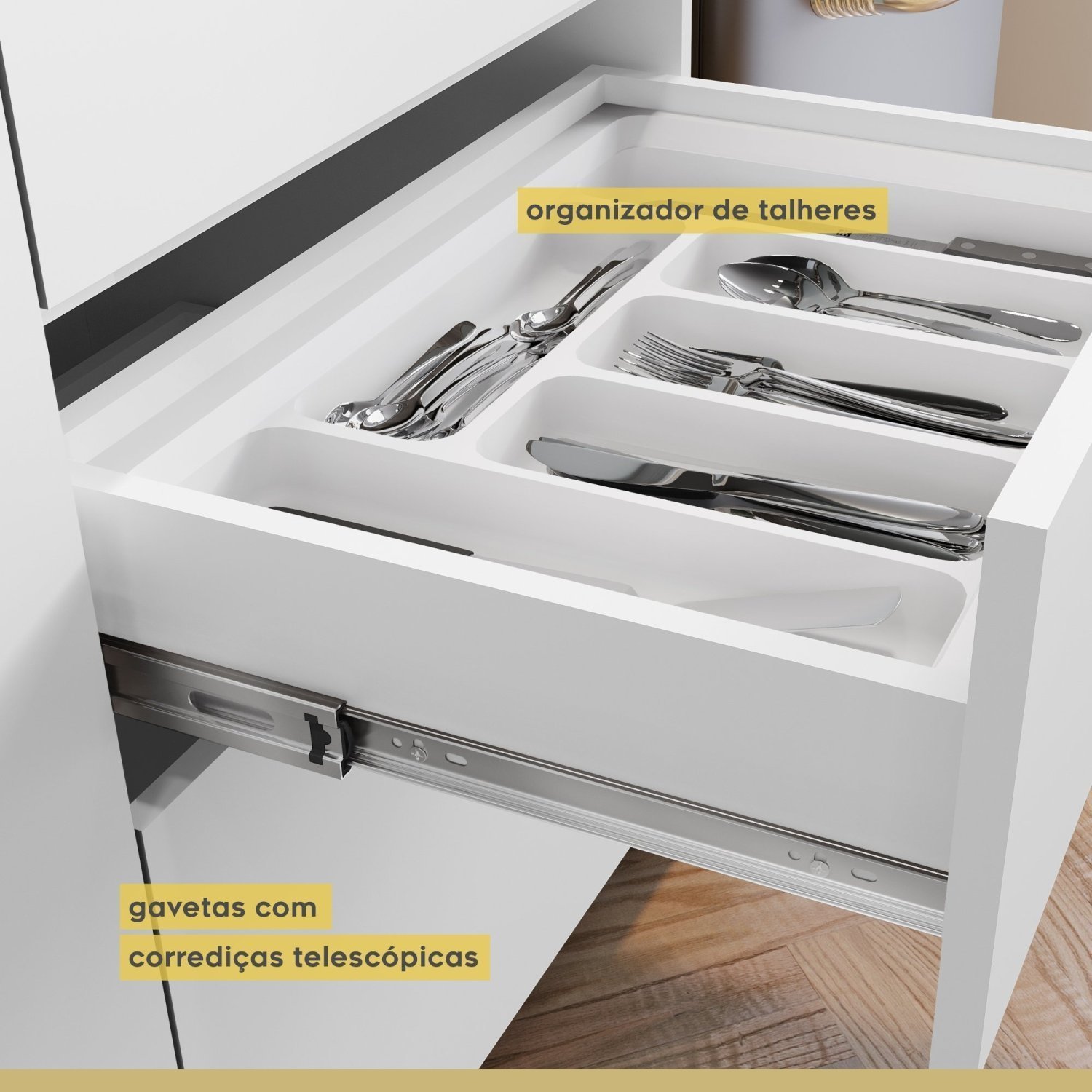 Cozinha 2 Peças 3 Portas 4 Gavetas Com Armário Aéreo  100% Mdf 120Cm Rainha - 9