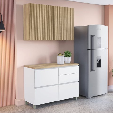 Cozinha 2 Peças 3 Portas 4 Gavetas com Armário Aéreo 100% MDF 120cm Rainha Marrom/Branco/Nature