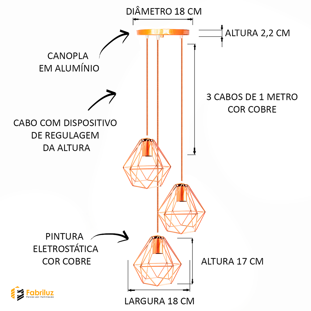 Lustre Luminária Pendente Diamante Triplo Retro Cobre FL - 3