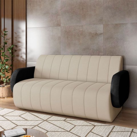 Sofá Decorativo Living Sala de Estar Bornéu 148cm Pés de Madeira Pu/veludo Preto/bege Claro G33 - Gr