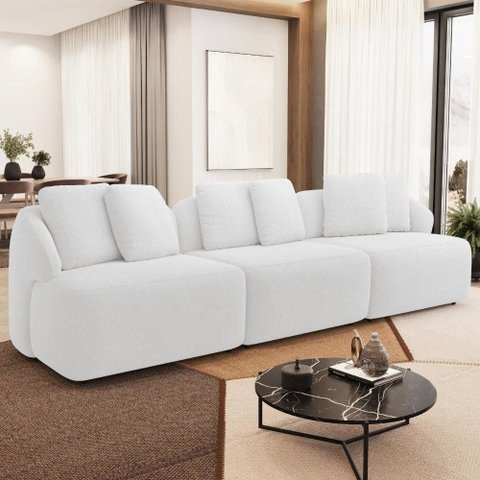 Sofá 4 Lugares para Sala de Estar Living 288cm Arlo F04 Bouclê Off White - Lyam Decor
