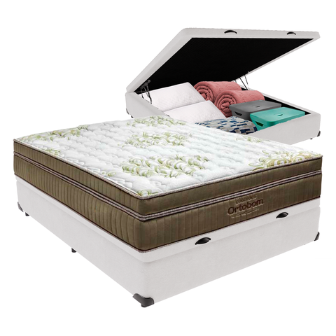 Cama Box Baú Viúvo Branco e Colchão Gold Ultragel Molas Ensacadas Ortobom