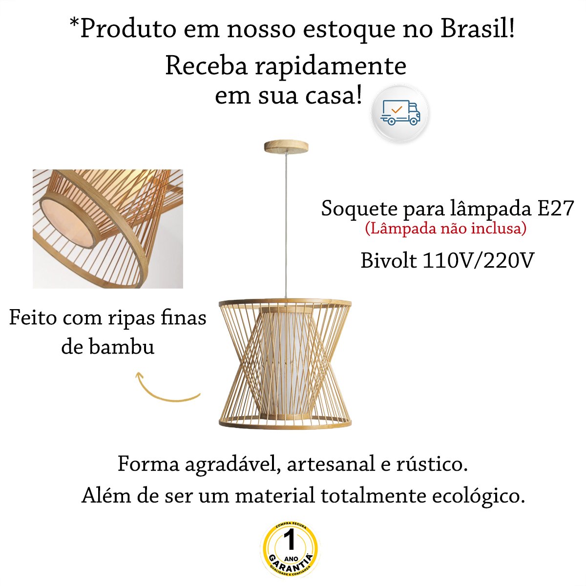 Pendente de Bambu Fibra Natural Artesanal Restaurante Sala E27 Nat05 - 2