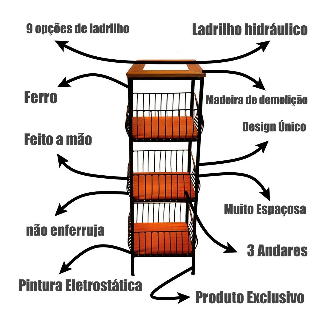 Fruteira de Ferro e Madeira Grande 3 Andares com Ladrilho Hidráulico ...