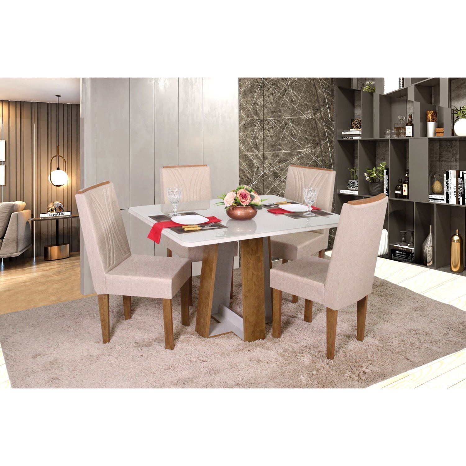 Conjunto Sala de Jantar Mesa Retangular Laís com 4 Cadeiras Helena com Apliques - 1