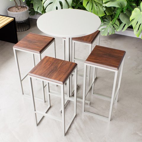 Conjunto Mesa Alta Bar Bistrô Redonda Branca 4 Bancos Imbuia Industrial White Don Castro Decor Indus