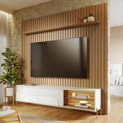 Rack com Painel Ripado 100% MDF 250x240cm com Pés Dourados Amalfi