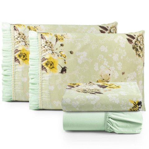 Jogo de Lençol Cama King 4 Peças 100% Algodão Percal 180 Fios Babadinho:verde Floral